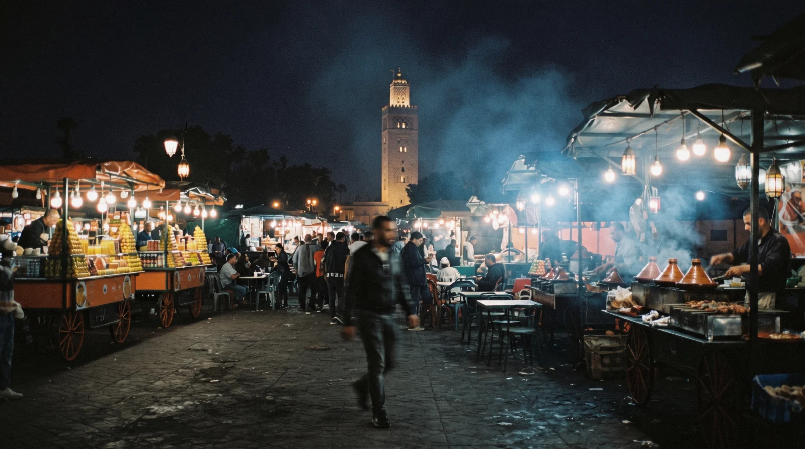 Smoke rising off the numbered food stalls on Jemaa el-Fna after sunset with the Koutoubia minaret lit behind