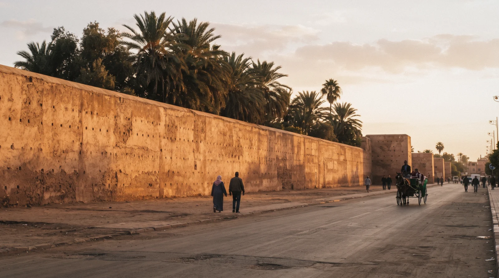 The pise ramparts glowing orange in low sun with a caleche passing on the road, the second afternoon of two days in Marrakech