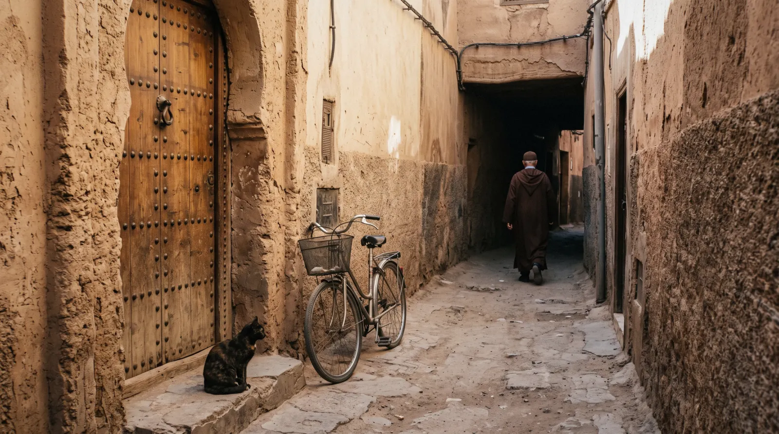 A residential derb with pise walls, a studded cedar door and hard morning shadow across the lane, Marrakech medina