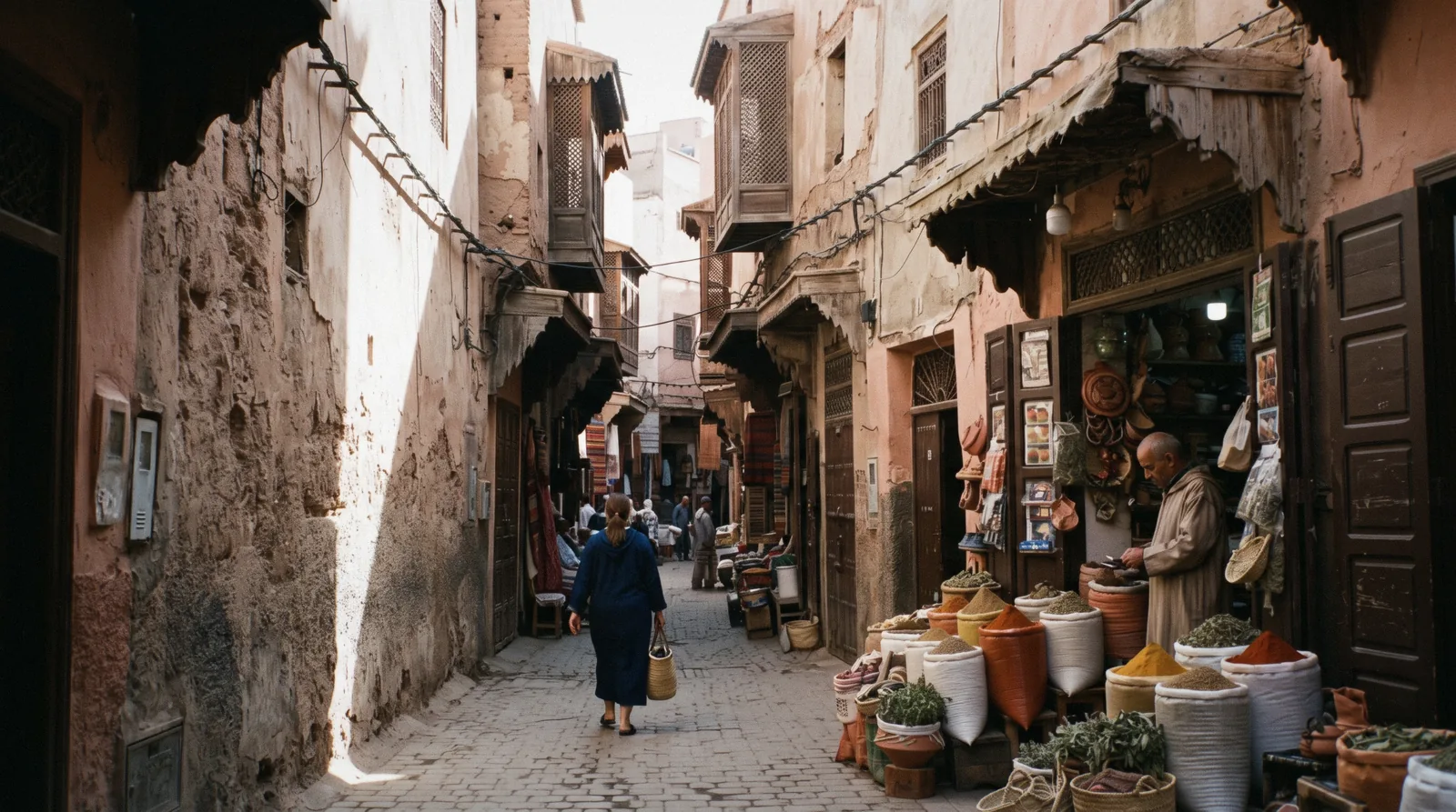 A lane of tall narrow houses with overhanging wooden balconies and a spice merchant's open frontage, the Mellah Marrakech