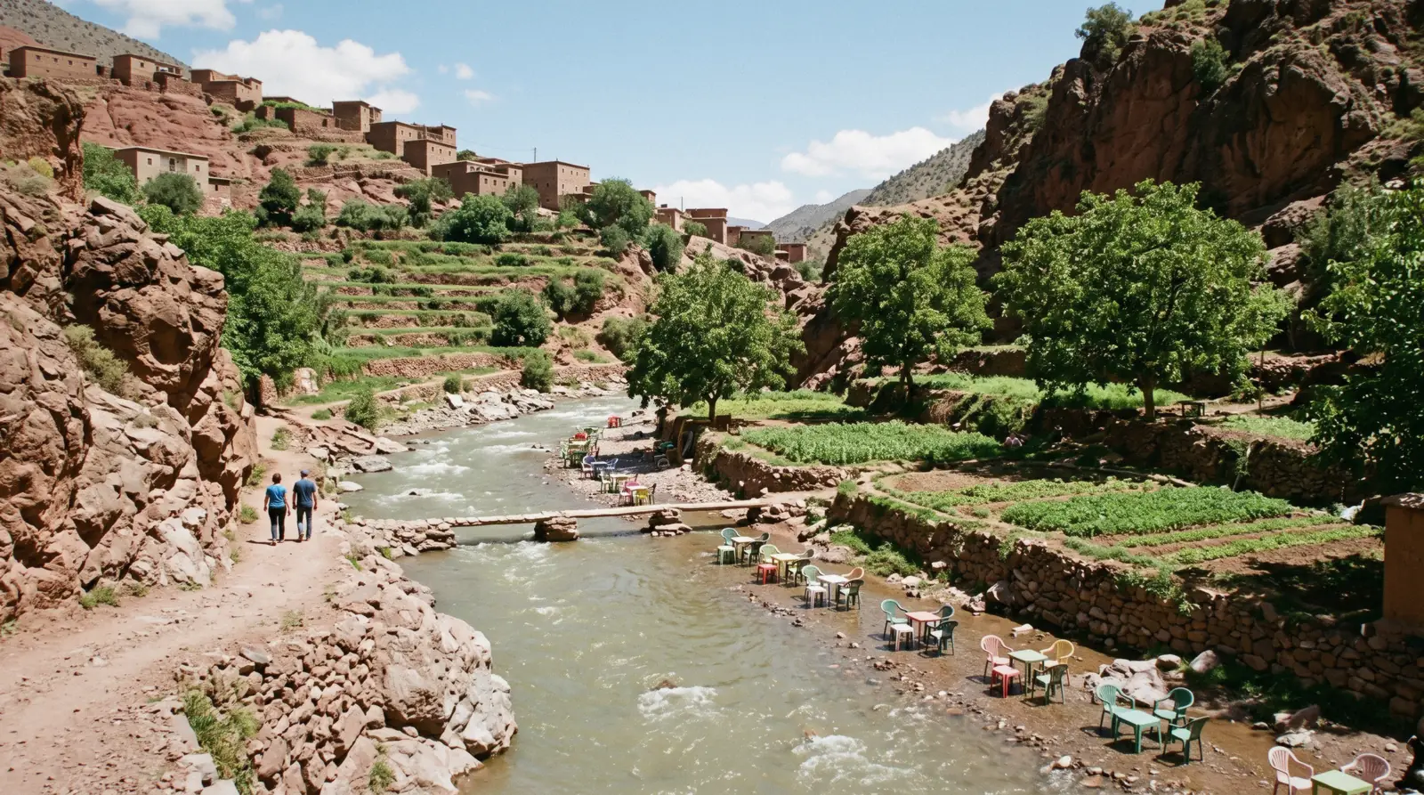 The river running green between red rock walls with terraced walnut plots above, Ourika Valley south of Marrakech