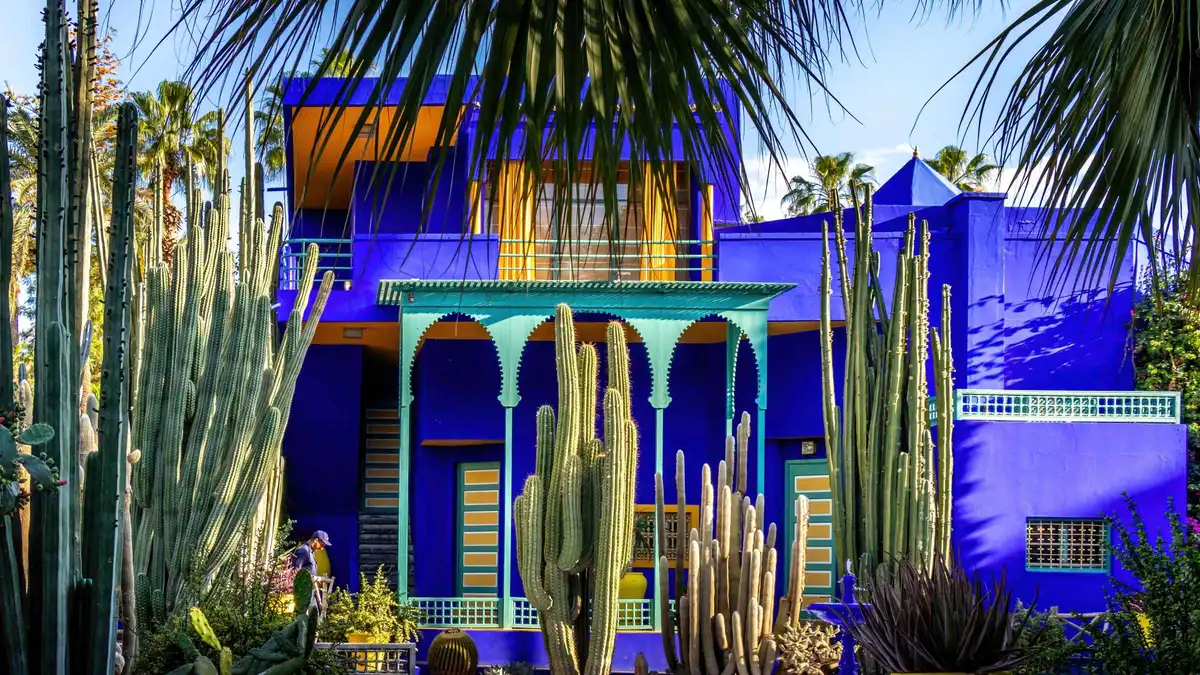 Facade of the Yves Saint Laurent Museum beside Jardin Majorelle on a YSL Museum and Majorelle Garden entry visit in Marrakech