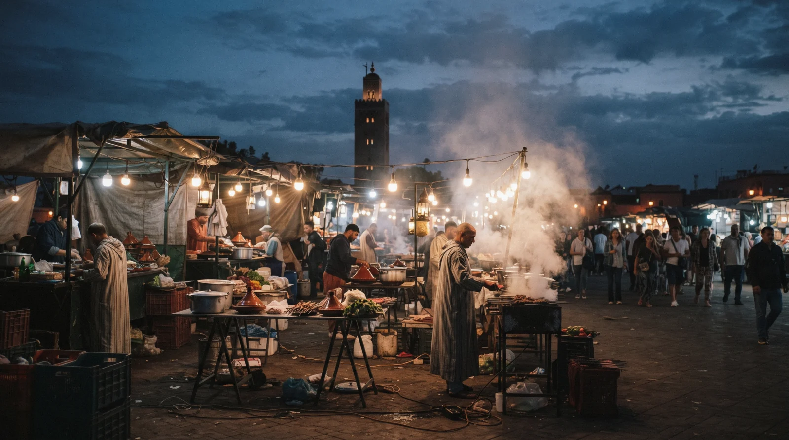 A clay tanjia urn beside glasses of mint tea on a rooftop table with the medina roofline behind, where to eat in Marrakech